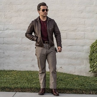Dark Brown Leather Harrington Jacket Outfits: Marrying a dark brown leather harrington jacket with brown chinos is an awesome pick for a casual and cool outfit. To bring some extra flair to your outfit, introduce dark brown leather chelsea boots to the mix.