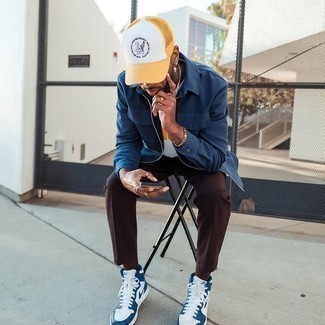White and Navy Print Baseball Cap Outfits For Men: A navy harrington jacket and a white and navy print baseball cap are the kind of a tested off-duty combination that you need when you have no extra time. And if you need to effortlessly up your getup with a pair of shoes, add white and navy leather high top sneakers to the equation.