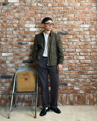 Olive Harrington Jacket Outfits: An olive harrington jacket and charcoal chinos are a cool look to keep in your casual routine. For an on-trend hi-low mix, complete your look with a pair of black leather tassel loafers.