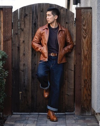 Brown Harrington Jacket Outfits: Pair a brown harrington jacket with navy jeans for both seriously stylish and easy-to-create look. Change up this look by wearing brown leather casual boots.