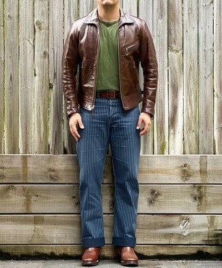 Olive Crew-neck T-shirt Outfits For Men: Sporting something as basic as this off-duty combo of an olive crew-neck t-shirt and navy vertical striped jeans will set you apart in a good way. To introduce a bit of depth to your look, introduce a pair of brown leather chelsea boots to the mix.