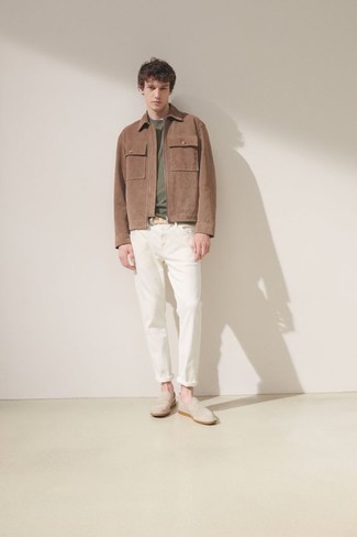Beige Suede Loafers Outfits For Men: This casual combo of a brown suede harrington jacket and white jeans is a life saver when you need to look neat and relaxed but have no time. Shake up this getup with a more refined kind of shoes, like this pair of beige suede loafers.