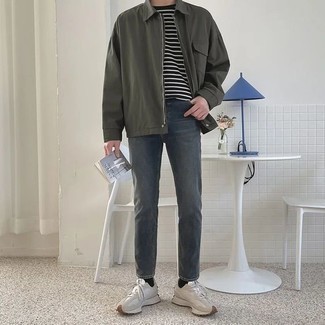 Olive Harrington Jacket Outfits: Combining an olive harrington jacket with charcoal jeans is a wonderful idea for a casual yet seriously stylish look. Got bored with this outfit? Invite a pair of white athletic shoes to change things up a bit.