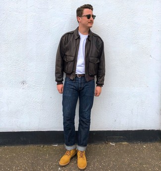 Beige Suede Casual Boots Outfits For Men: A dark brown leather harrington jacket and navy jeans are an easy way to introduce muted dapperness into your current wardrobe. To give your ensemble a more sophisticated aesthetic, why not add a pair of beige suede casual boots to this look?