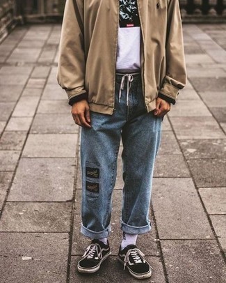 Beige Harrington Jacket Outfits: Such items as a beige harrington jacket and light blue jeans are the ideal way to introduce some cool into your daily casual collection. Add a pair of black and white canvas low top sneakers and the whole getup will come together.