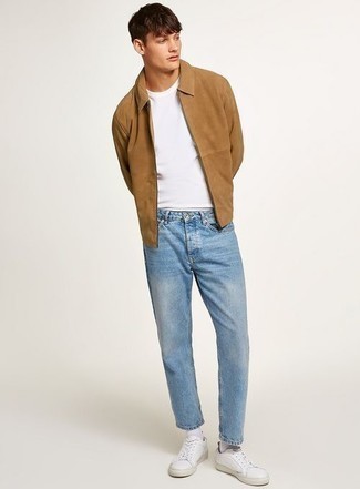 Beige Harrington Jacket Outfits: A beige harrington jacket and light blue jeans are a combo that every modern guy should have in his wardrobe. If not sure about the footwear, add white leather low top sneakers to the equation.