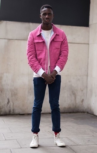 Men's Hot Pink Harrington Jacket, White Crew-neck T-shirt, Navy Jeans, White Canvas High Top Sneakers