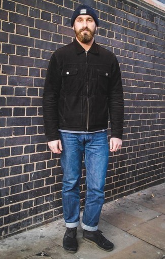 Black Suede Desert Boots Outfits: You'll be surprised at how easy it is for any gent to get dressed this way. Just a black harrington jacket teamed with blue jeans. Introduce a pair of black suede desert boots to the equation et voila, the getup is complete.