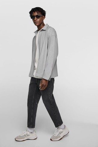 Men's Grey Harrington Jacket, White Crew-neck T-shirt, Charcoal Jeans, Grey Athletic Shoes