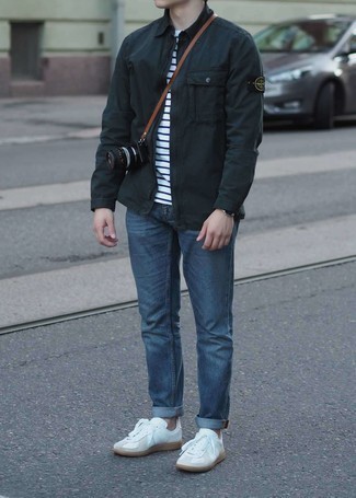 Black Harrington Jacket Outfits: Marry a black harrington jacket with blue jeans to feel completely confident and look cool and casual. Let your expert styling truly shine by completing this look with a pair of white leather low top sneakers.