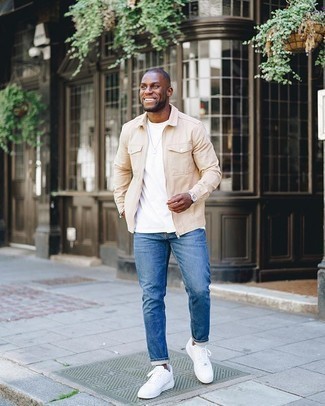 Tan Harrington Jacket Outfits: If the situation allows a casual outfit, you can easily dress in a tan harrington jacket and blue jeans. A pair of white canvas low top sneakers looks great finishing your look.