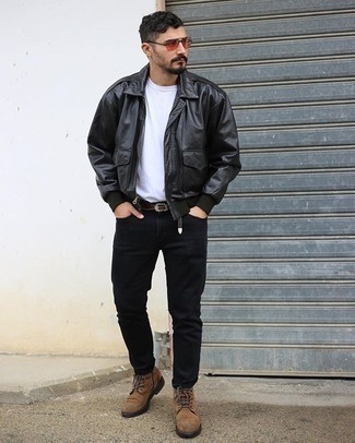 Black Harrington Jacket Outfits: If you're in search of a casual and at the same time seriously stylish getup, consider pairing a black harrington jacket with black jeans. Power up your ensemble with a pair of brown suede casual boots.