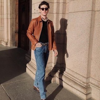 Brown Woven Leather Belt Outfits For Men: A tobacco harrington jacket and a brown woven leather belt are a great combination worth integrating into your daily fashion mix. Dial down the casualness of this look with a pair of brown leather chelsea boots.