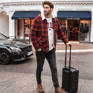 Black Suitcase Outfits For Men: This combo of a red and black check harrington jacket and a black suitcase has this so-chill and effortless kind of vibe. If you need to immediately step up your look with one item, throw in brown leather casual boots.