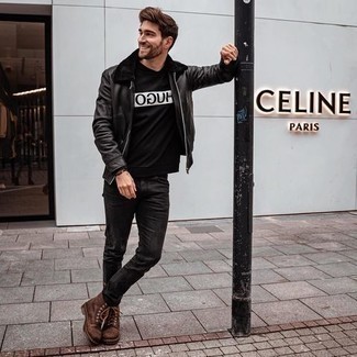 Black Harrington Jacket Outfits: A black harrington jacket and black jeans worn together are the ideal ensemble for those who appreciate casual styles. If you need to instantly elevate your outfit with footwear, make brown leather casual boots your footwear choice.