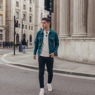 Teal Harrington Jacket Outfits: Pair a teal harrington jacket with black jeans to put together an extra dapper and current off-duty ensemble. Consider beige canvas low top sneakers as the glue that will bring your outfit together.