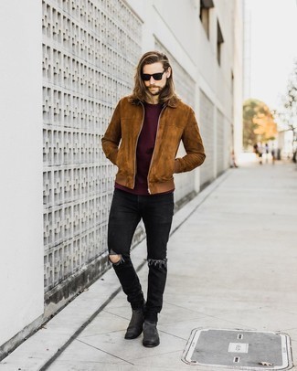 Men's Brown Suede Harrington Jacket, Burgundy Crew-neck T-shirt, Black Ripped Jeans, Charcoal Suede Chelsea Boots