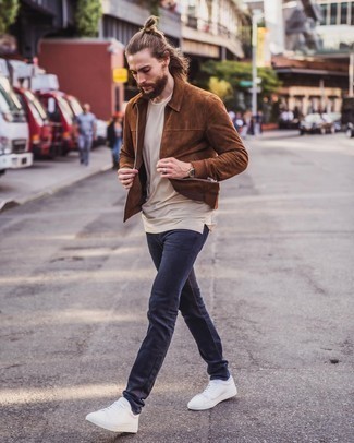 Brown Suede Harrington Jacket Outfits: When you need to go about your day with confidence in your outfit, consider wearing a brown suede harrington jacket and navy jeans. White canvas low top sneakers are a smart idea to finish off your outfit.