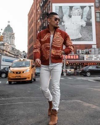 Orange Harrington Jacket Outfits: Consider pairing an orange harrington jacket with white jeans to create an interesting and modern-looking off-duty ensemble. Brown suede chelsea boots are the most effective way to infuse an element of elegance into this look.
