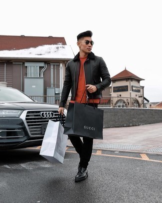 Dark Green Sunglasses Outfits For Men: Go for a simple yet cool and relaxed option by marrying a black leather harrington jacket and dark green sunglasses. If you want to instantly step up this outfit with shoes, why not complement your outfit with a pair of black leather casual boots?