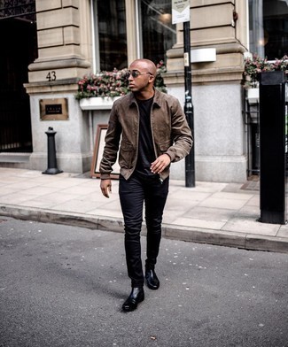 Brown Suede Harrington Jacket Outfits: Such essentials as a brown suede harrington jacket and black jeans are the perfect way to introduce effortless cool into your casual repertoire. On the shoe front, go for something on the dressier end of the spectrum with black leather chelsea boots.