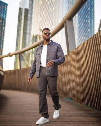 Dark Brown Jeans Outfits For Men: If you prefer off-duty combos, why not take this pairing of a charcoal harrington jacket and dark brown jeans for a spin? White canvas low top sneakers are the perfect complement to your ensemble.