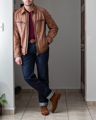 Tobacco Suede Desert Boots Outfits: This combination of a brown harrington jacket and navy jeans combines comfort and practicality and helps keep it simple yet current. When not sure as to the footwear, complement this look with tobacco suede desert boots.