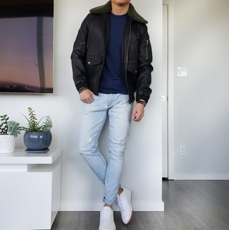 Light Blue Ripped Jeans Outfits For Men: This casual pairing of a black leather harrington jacket and light blue ripped jeans is a tested option when you need to look dapper in a flash. Serve a little mix-and-match magic by sporting white leather low top sneakers.