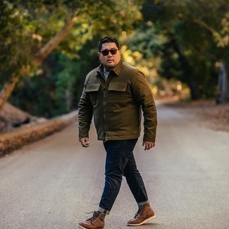 Tobacco Leather Casual Boots Warm Weather Outfits For Men: An olive harrington jacket and navy jeans teamed together are a perfect match. A pair of tobacco leather casual boots will take this look a classier path.