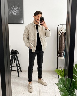 Beige Suede Low Top Sneakers Outfits For Men: When the setting allows a relaxed ensemble, pair a beige corduroy harrington jacket with black jeans. Beige suede low top sneakers are a great idea to complete your look.