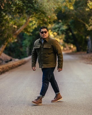 Olive Harrington Jacket Outfits: An olive harrington jacket and navy jeans are a combo that every sartorially savvy man should have in his casual fashion mix. And if you need to effortlessly perk up this ensemble with a pair of shoes, why not throw in a pair of brown leather casual boots?
