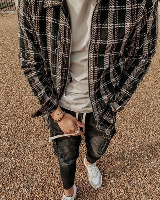 White and Black Athletic Shoes Outfits For Men: To assemble a casual look with a contemporary spin, you can easily rock a black plaid harrington jacket and charcoal jeans. Hesitant about how to round off? Add white and black athletic shoes to the mix to mix things up a bit.