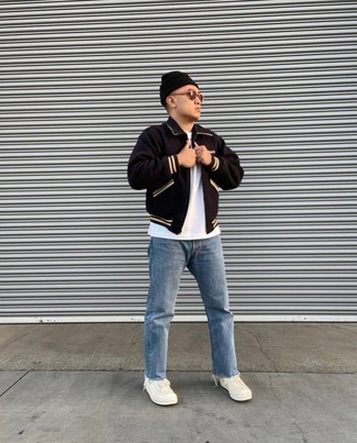 Dark Brown Beanie Outfits For Men: A dark brown harrington jacket and a dark brown beanie are a great look to add to your day-to-day off-duty wardrobe. Wondering how to finish your getup? Rock beige canvas low top sneakers to amp it up.