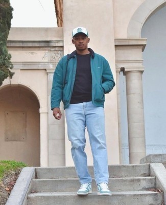 Mint Leather Low Top Sneakers Outfits For Men: Prove that you know a thing or two about men's style in a teal harrington jacket and light blue jeans. Introduce mint leather low top sneakers to the equation for extra fashion points.