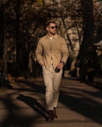 Khaki Jeans Outfits For Men: Infuse new life into your daily off-duty repertoire with a tan harrington jacket and khaki jeans. To bring some extra zing to your getup, complete your look with dark brown leather casual boots.