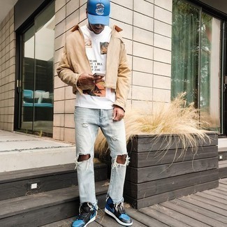 High Top Sneakers Outfits For Men: This is undeniable proof that a tan harrington jacket and light blue ripped jeans are amazing when worn together in a bold casual ensemble. Finish off with high top sneakers et voila, the look is complete.