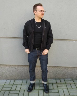 Black and White Print Socks Outfits For Men: A black harrington jacket and black and white print socks are a nice look to have in your casual styling routine. Add black leather derby shoes to the equation to instantly ramp up the style factor of this look.