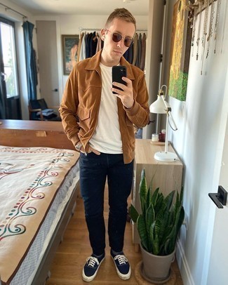 Men's Brown Suede Harrington Jacket, White Crew-neck T-shirt, Navy Jeans, Navy and White Canvas Low Top Sneakers