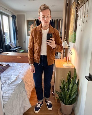 Brown Suede Harrington Jacket Outfits: A brown suede harrington jacket and navy jeans are the kind of a winning off-duty outfit that you need when you have no extra time to spare. A pair of navy and white canvas low top sneakers is a wonderful choice to finish off this ensemble.