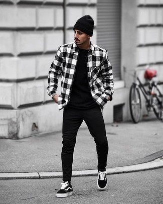 Men's Black and White Check Harrington Jacket, Black Crew-neck T-shirt, Black Skinny Jeans, Black and White Canvas Low Top Sneakers