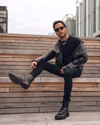 Black Harrington Jacket Outfits: For relaxed dressing with a modern finish, consider pairing a black harrington jacket with black skinny jeans. Complete this look with black leather casual boots for a hint of refinement.