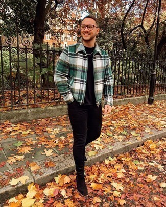 Black Skinny Jeans Outfits For Men: If you prefer a more laid-back approach to style, why not reach for a dark green harrington jacket and black skinny jeans? A nice pair of black suede chelsea boots is an easy way to power up your getup.