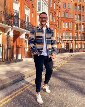 Men's Multi colored Harrington Jacket, White Crew-neck T-shirt, Black Skinny Jeans, White and Navy Canvas Low Top Sneakers