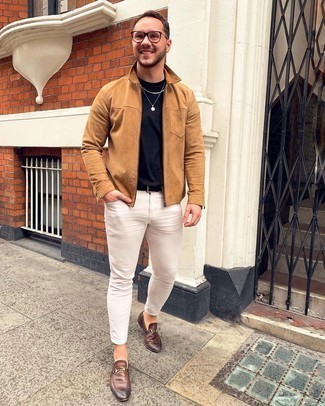 Brown Leather Loafers Casual Outfits For Men: For a relaxed casual getup with a modern twist, pair a tan harrington jacket with white skinny jeans. A pair of brown leather loafers instantly dials up the style factor of any look.