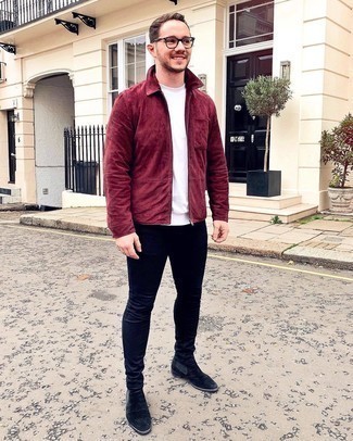 Burgundy Harrington Jacket Outfits: A burgundy harrington jacket and black skinny jeans are the kind of a winning casual ensemble that you so terribly need when you have zero time. Add a confident kick to the look with black suede chelsea boots.