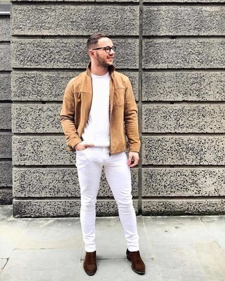 Tobacco Suede Chelsea Boots Outfits For Men: Go for a straightforward but casually stylish option combining a tan harrington jacket and white skinny jeans. Feeling transgressive today? Change up your ensemble with a pair of tobacco suede chelsea boots.
