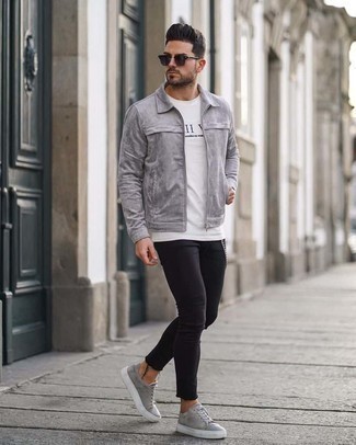 Black and White Skinny Jeans Outfits For Men: You're looking at the undeniable proof that a grey harrington jacket and black and white skinny jeans look awesome when teamed together in a laid-back ensemble. Grey suede low top sneakers will be a welcome addition to this look.