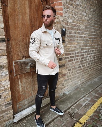 Beige Harrington Jacket Outfits: This combination of a beige harrington jacket and black ripped skinny jeans is hard proof that a straightforward casual getup doesn't have to be boring. Black check leather low top sneakers will add an elegant twist to an otherwise mostly dressed-down ensemble.