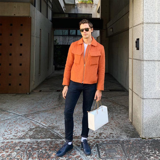 Orange Harrington Jacket Outfits: Go for a pared down but casual and cool option marrying an orange harrington jacket and navy skinny jeans. A great pair of navy leather low top sneakers pulls this outfit together.