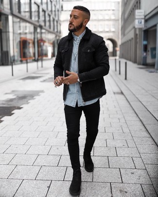 Black Skinny Jeans with Black Suede Casual Boots Outfits For Men (11 ideas & outfits) |